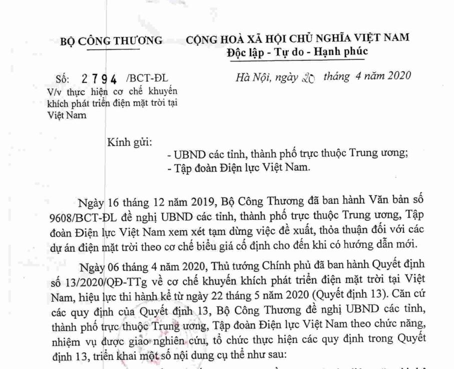 Văn bản chỉ đạo Bộ công thương gửi tập đoàn Điện Lực Việt Nam